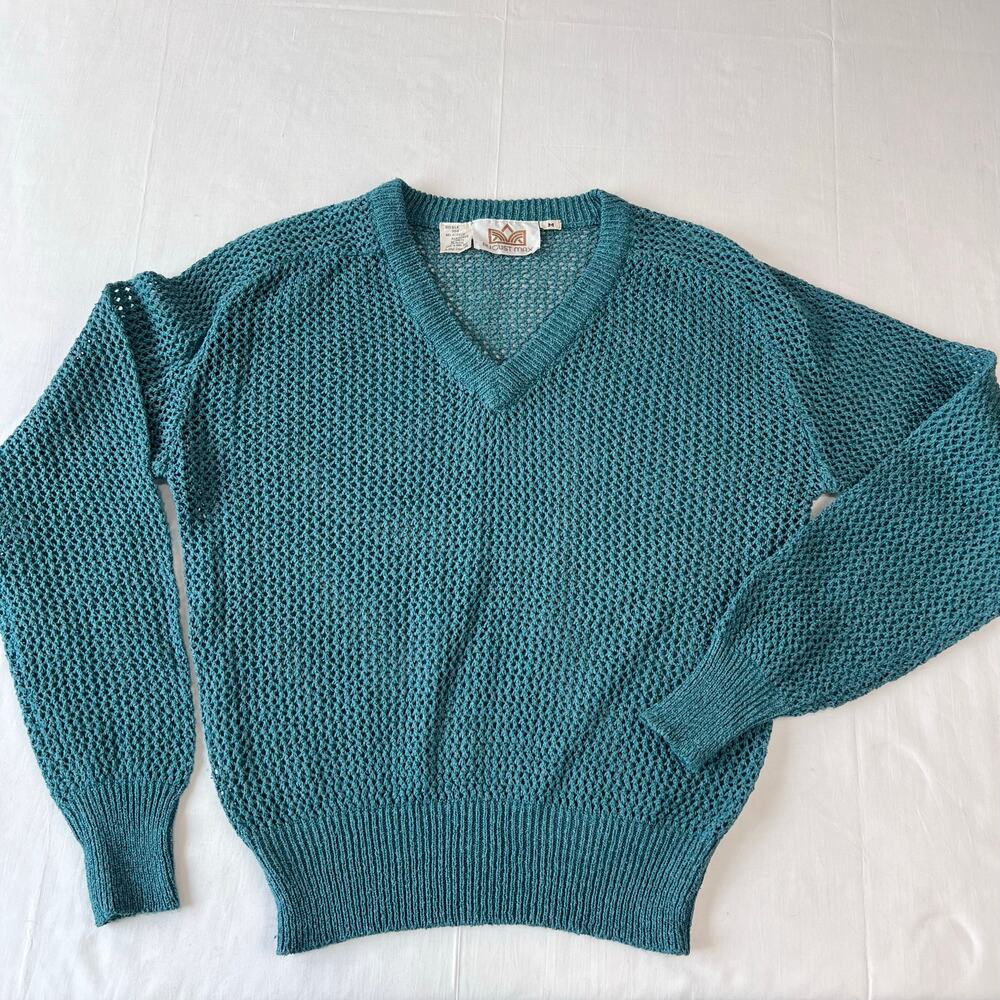 August Max Vintage Green Eyelet Sweater V-Neck Women's size Medium Silk Blend